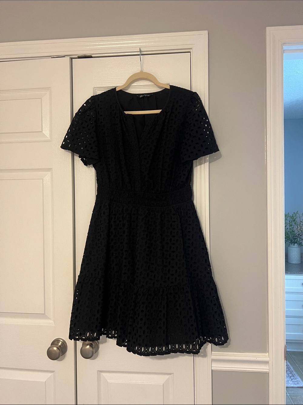 Black Eyelet Fit-and-Flare Short Sleeve Dress